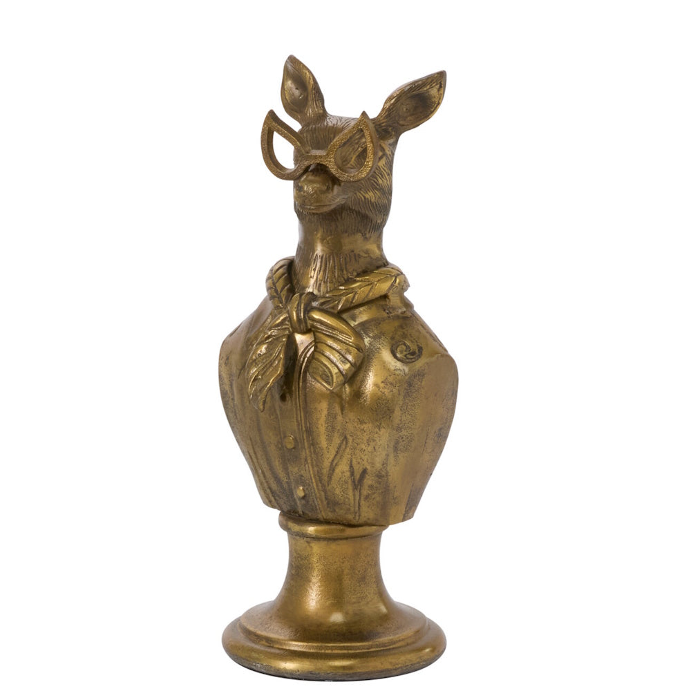 Front view of an antique gold resin doe bust wearing quirky glasses and a necktie.