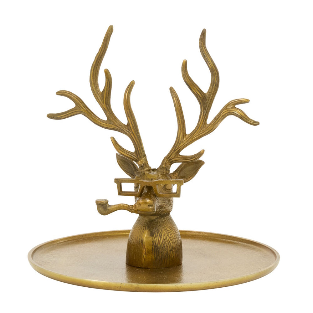 Bronze deer tray with glasses and a pipe on its head.