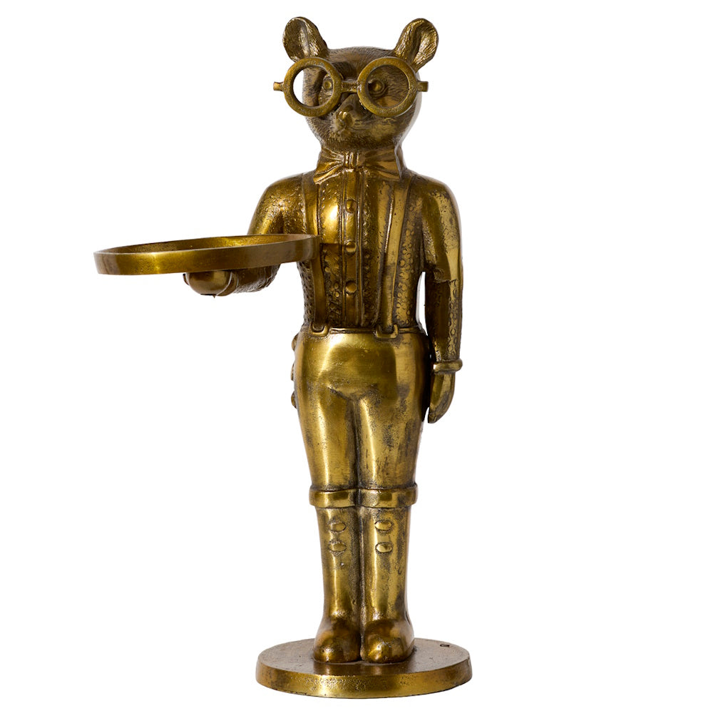 Brass statuette of a cat wearing glasses and suspenders holding a small round tray.