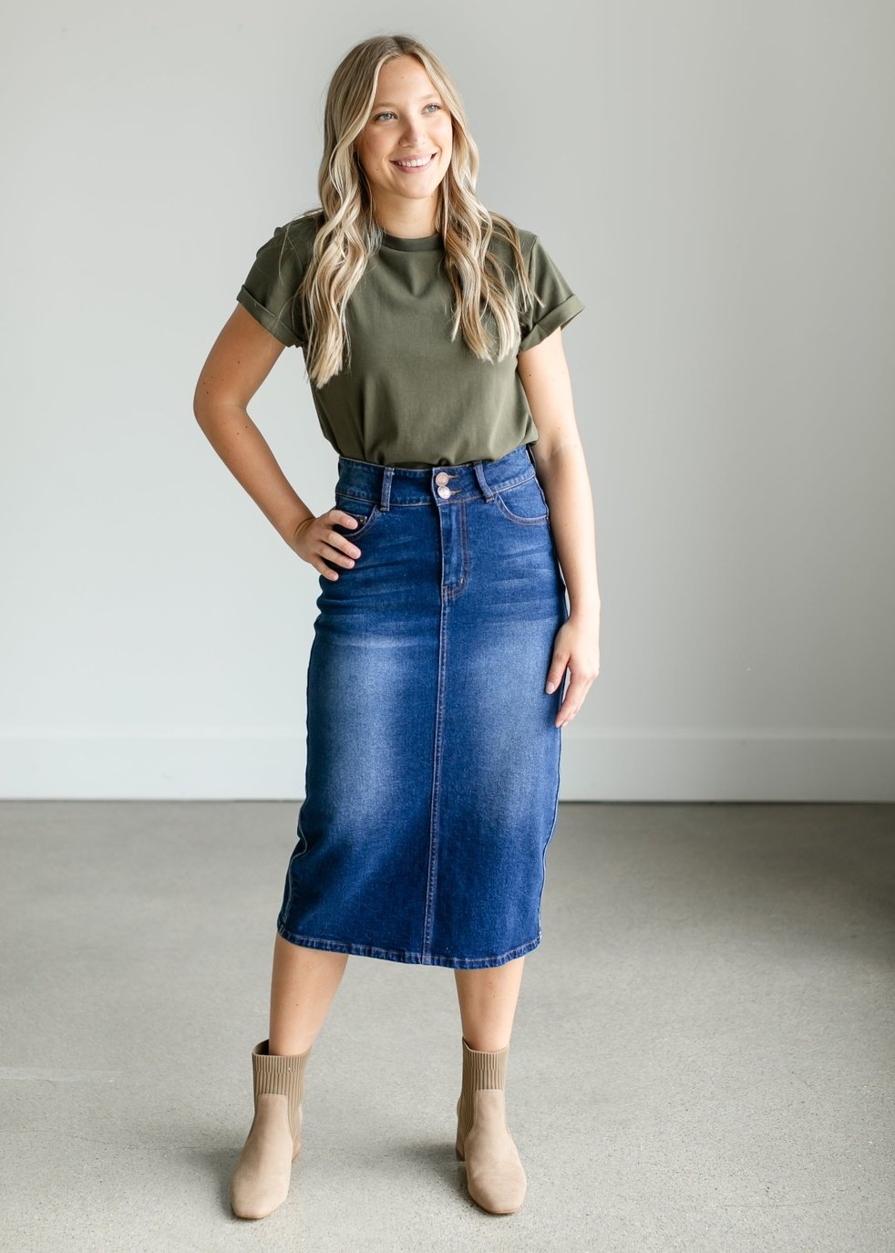 Greta Medium Wash Midi Denim Skirt