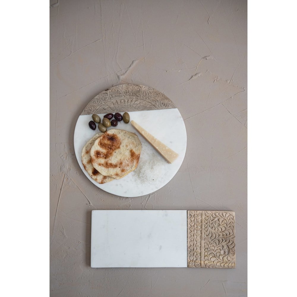 Hand-Carved Mango Wood & Marble Serving Board with Engraved Design, White & Natural- Circular — alternate view 5