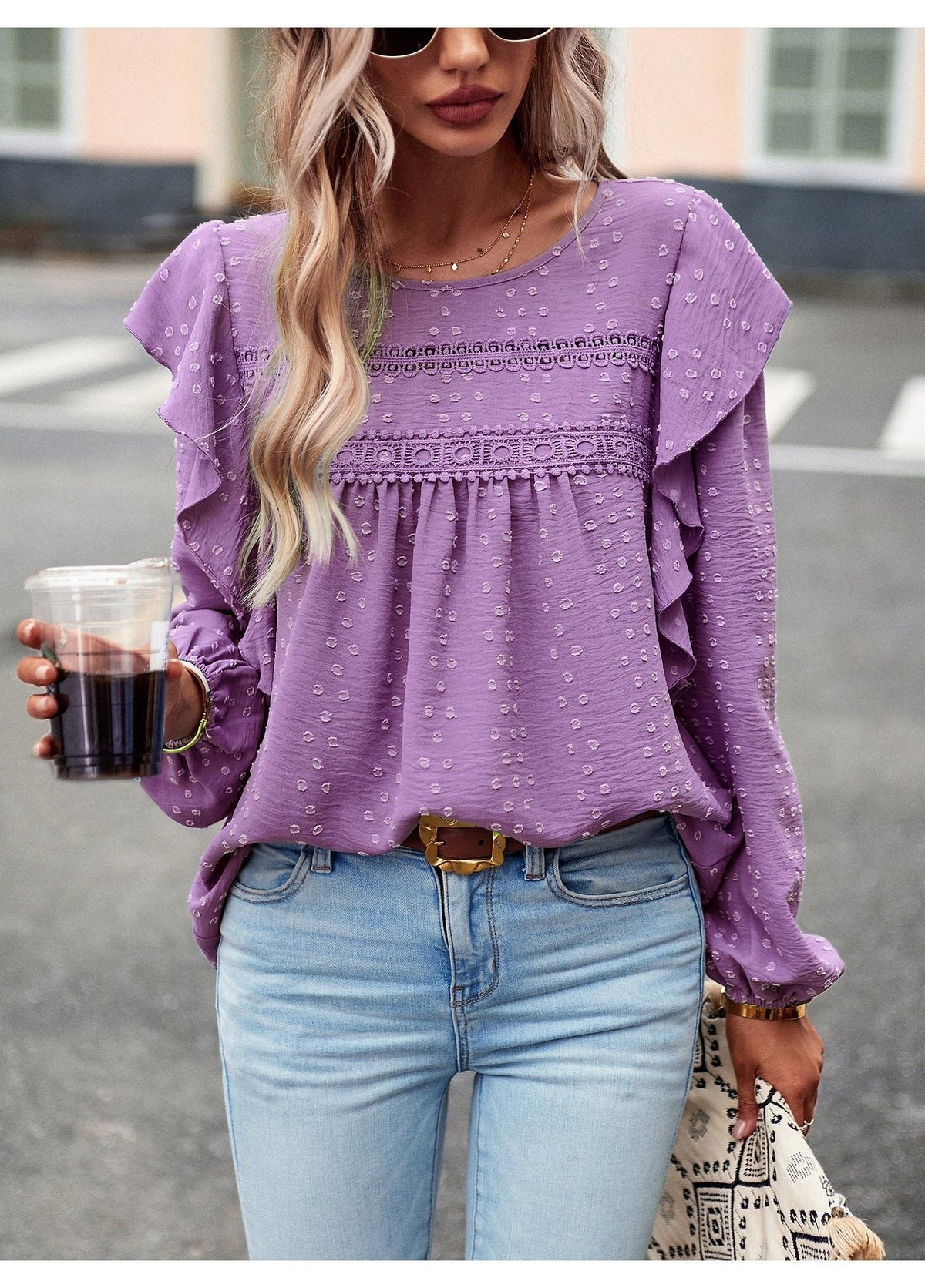 Swiss Dots Ruffle Trim Long Sleeve Blouse - Purple — alternate view 2
