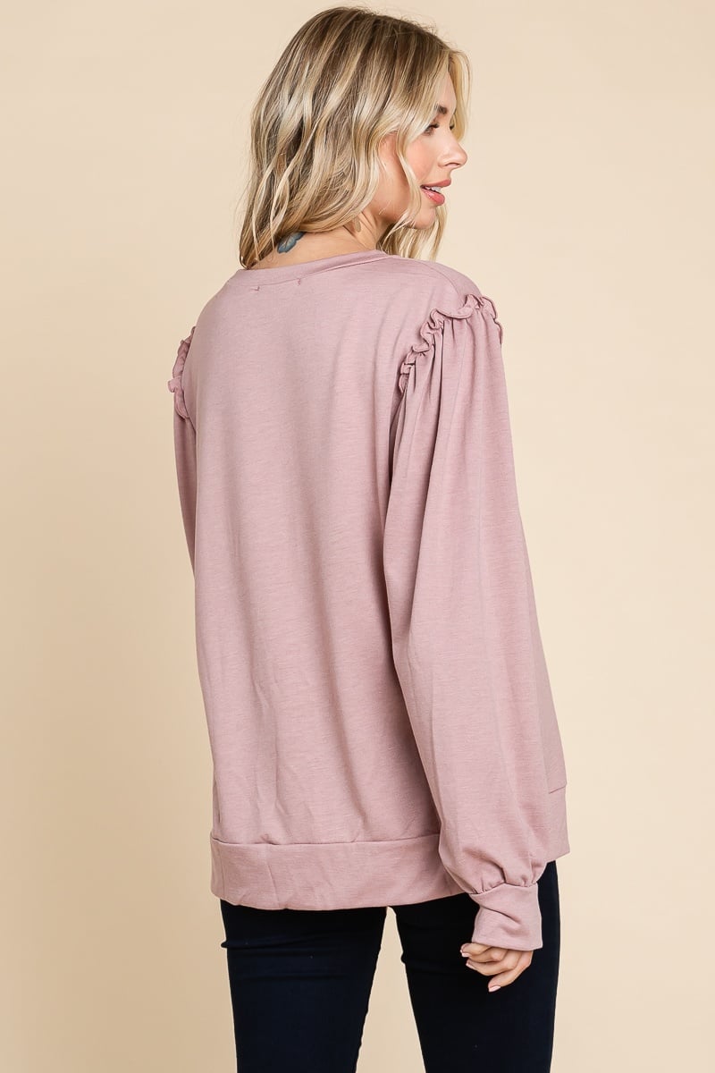 Women's Solid Round Neck Knit Top with Ruffle — alternate view 4