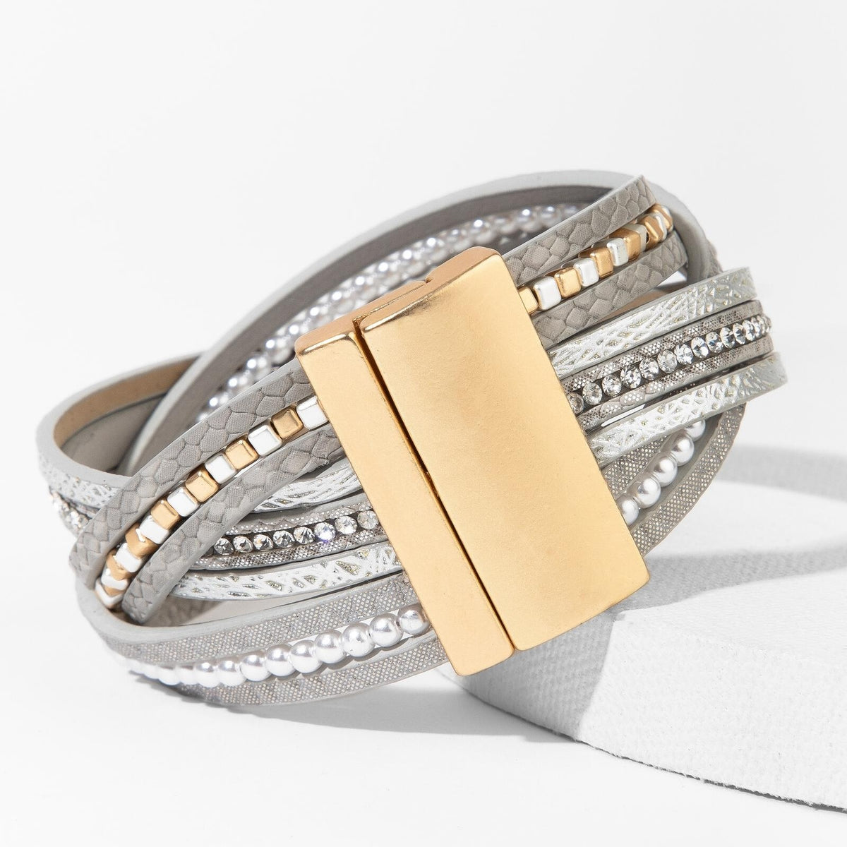 Stark Mixed Bead Leather Bracelet- Grey — alternate view 2