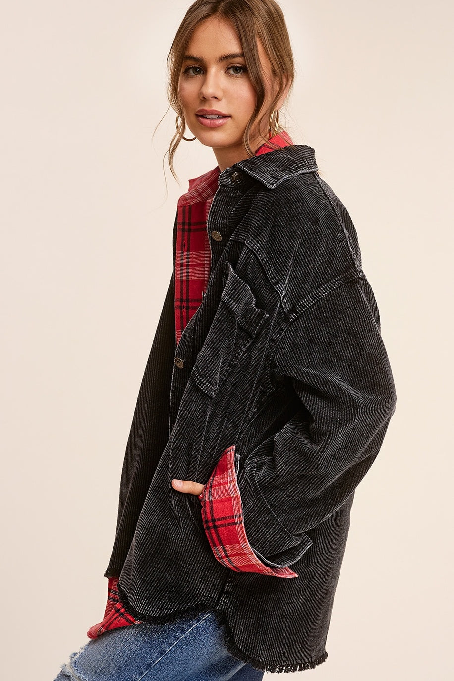 Oversized Washed Fabric Corduroy Button Down Jacket — alternate view 2