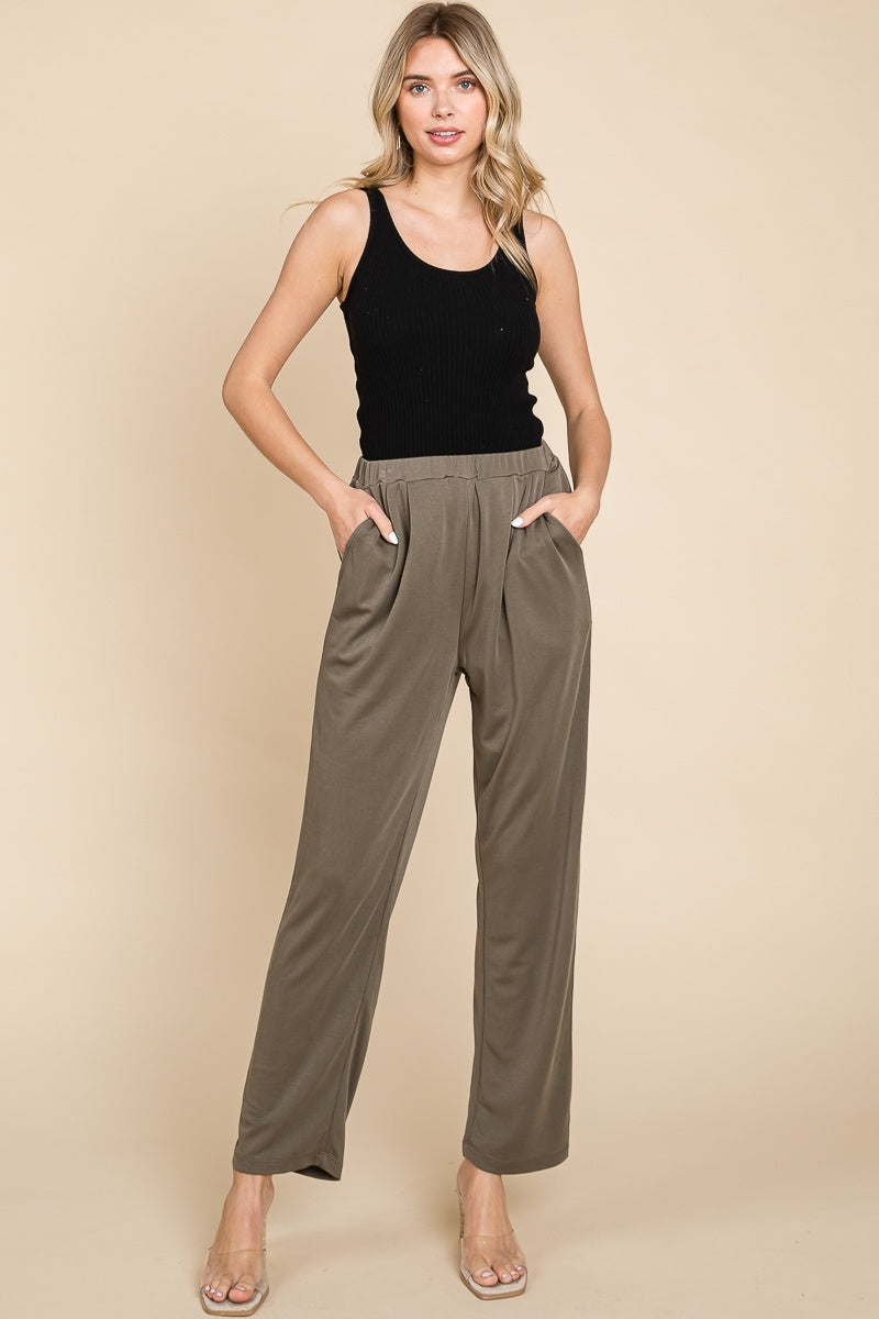 Elastic Waist Band Straight Leg Pants - Olive — alternate view 5