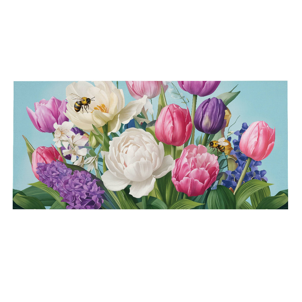 Early spring floral mix Sassafras switch mat with colorful tulips, white peonies, and bees on a light blue background.