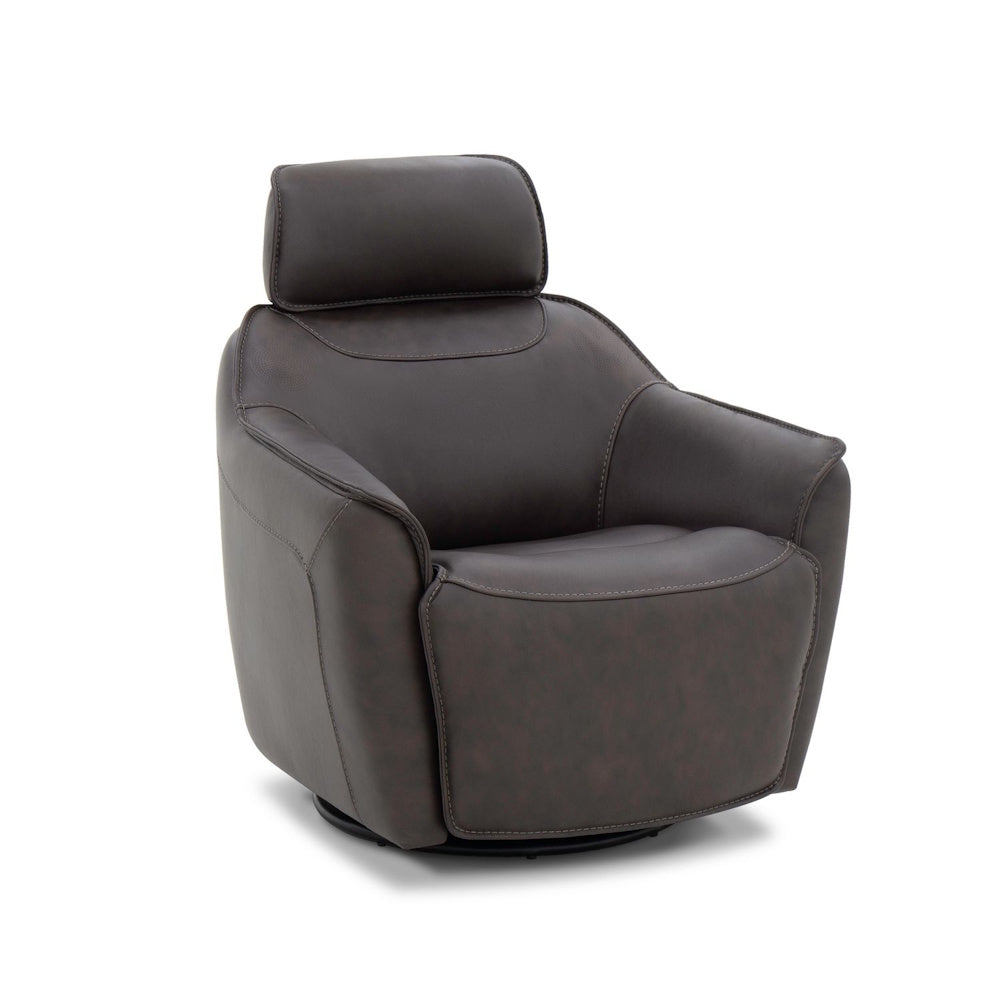A dark brown leather swivel armchair with a headrest and stitching detail on a white background.