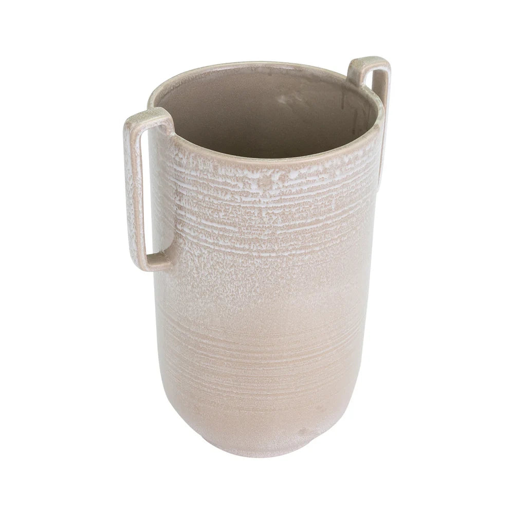 Tall beige ceramic vase with a textured glaze, cylindrical body, and two minimalist rectangular side handles.