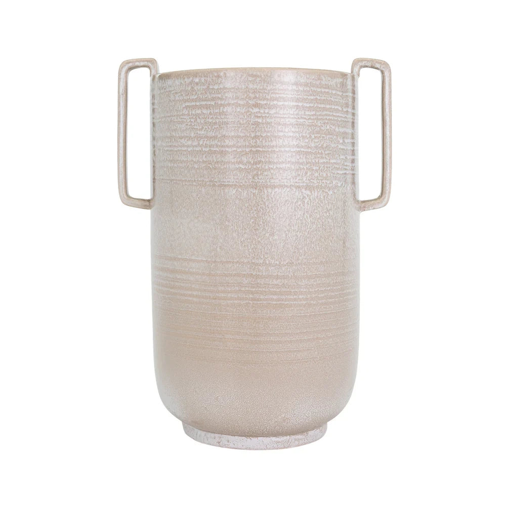 Tall textured beige ceramic vase with rectangular side handles and a distressed horizontal ribbed finish on a white background.