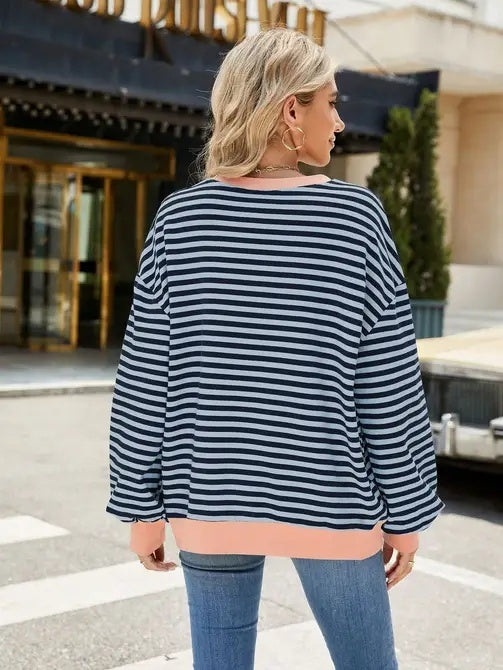 Relaxed Striped Crew Neck Sweater with Color Contrast — alternate view 2