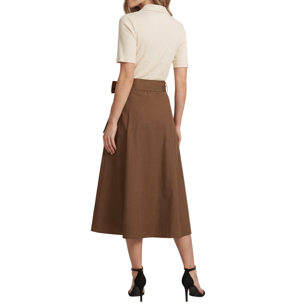 Back view of an ecru and brown two-tone collared knit midi dress with a belted skirt.