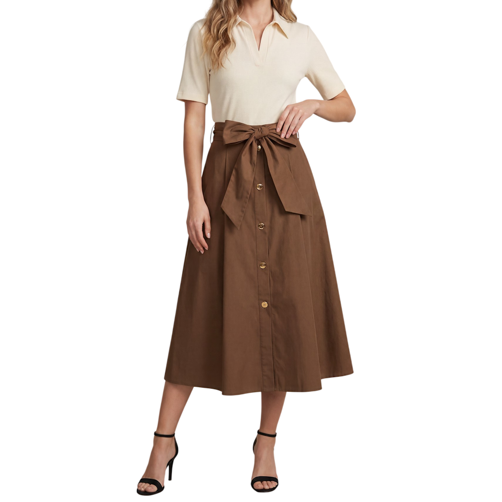 Ecru ribbed polo knit top and brown button-down midi skirt set with a waist bow tie and black heels.