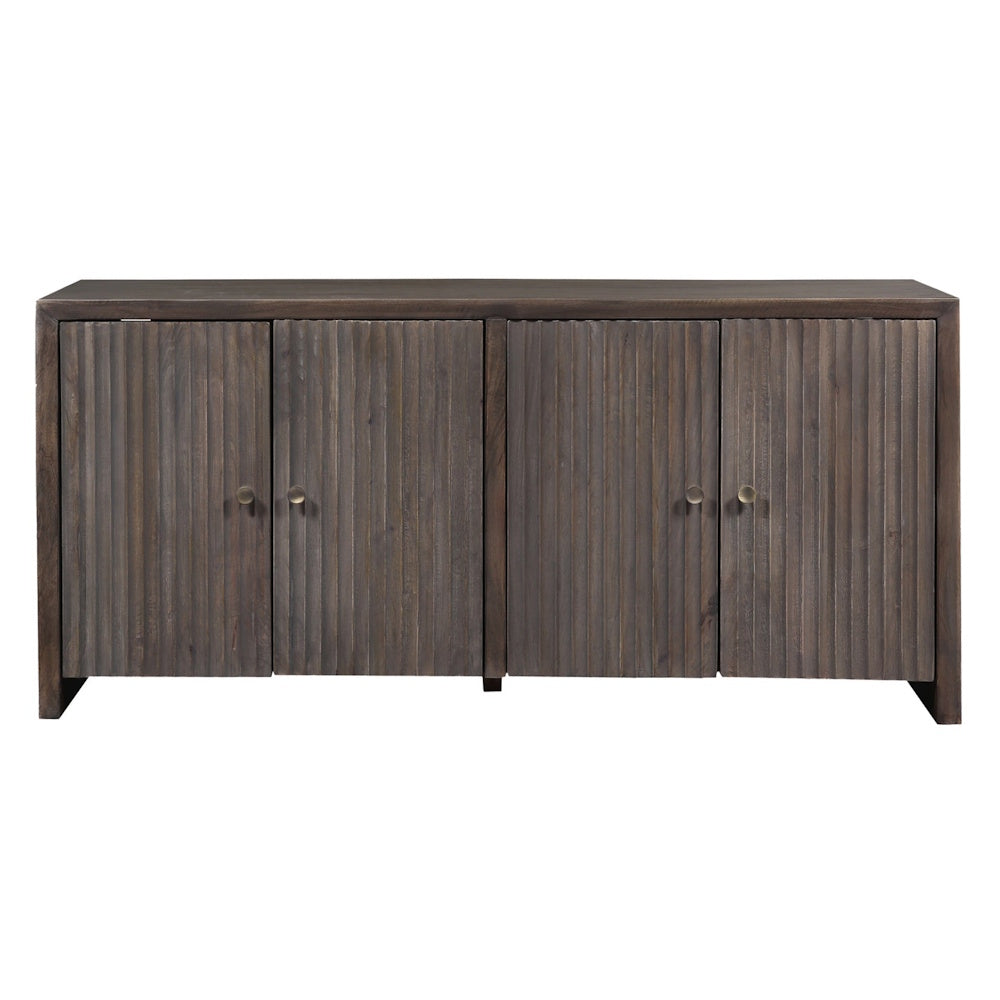 Dark brown fluted wood sideboard with four doors and brass knobs, modern rustic buffet cabinet for dining room storage.