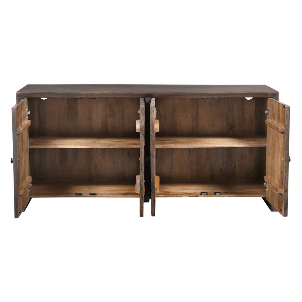 Open dark wood sideboard showing four interior shelves and cable management cutouts on a white background.