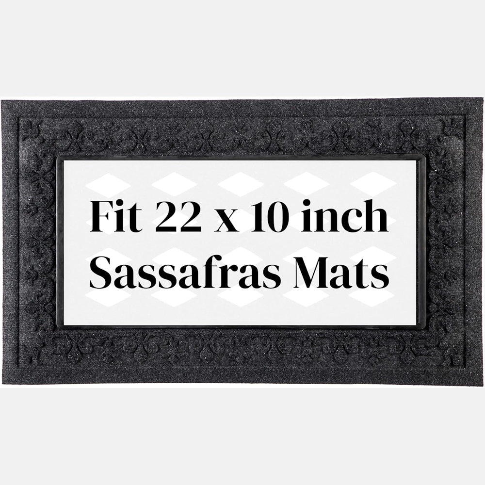 Black rubber Sassafras mat tray with an embossed fleur-de-lis border, designed to fit 22 by 10 inch decorative mat inserts.