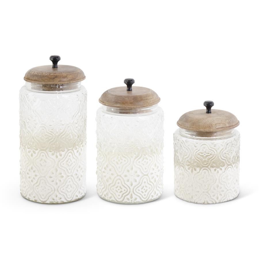 Large Embossed Glass Container with Frosted Bottom & Wooden Lid — alternate view 2