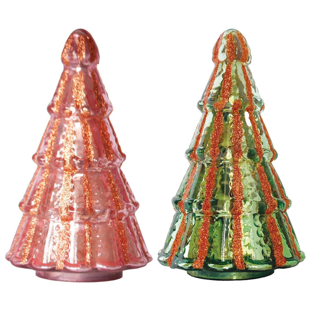 Pink and green mercury glass Christmas tree figurines decorated with copper glitter stripes.