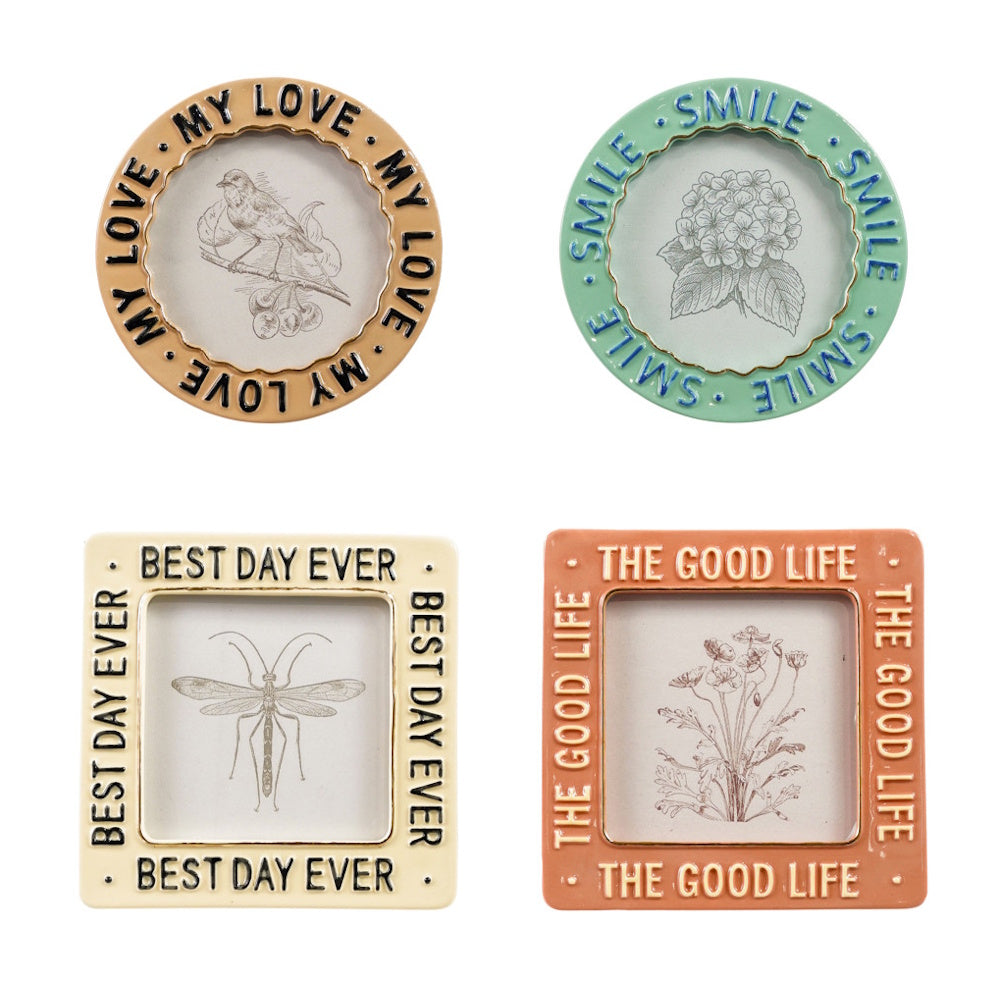 Four small, colorful ceramic picture frames featuring repeating positive phrases and vintage-style nature sketches.