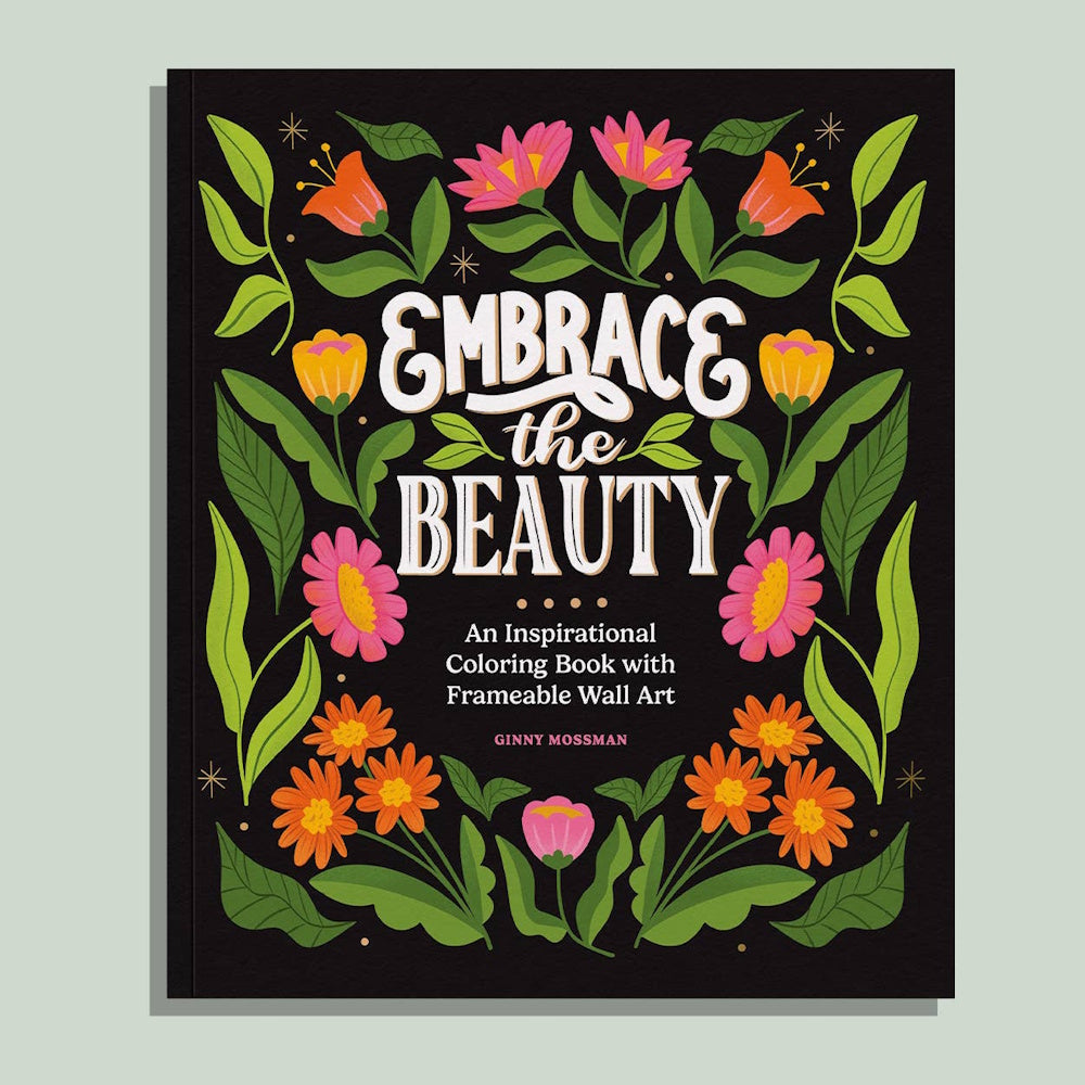 Embrace the Beauty coloring book cover with colorful floral illustrations and "Frameable Wall Art" text on a black background.