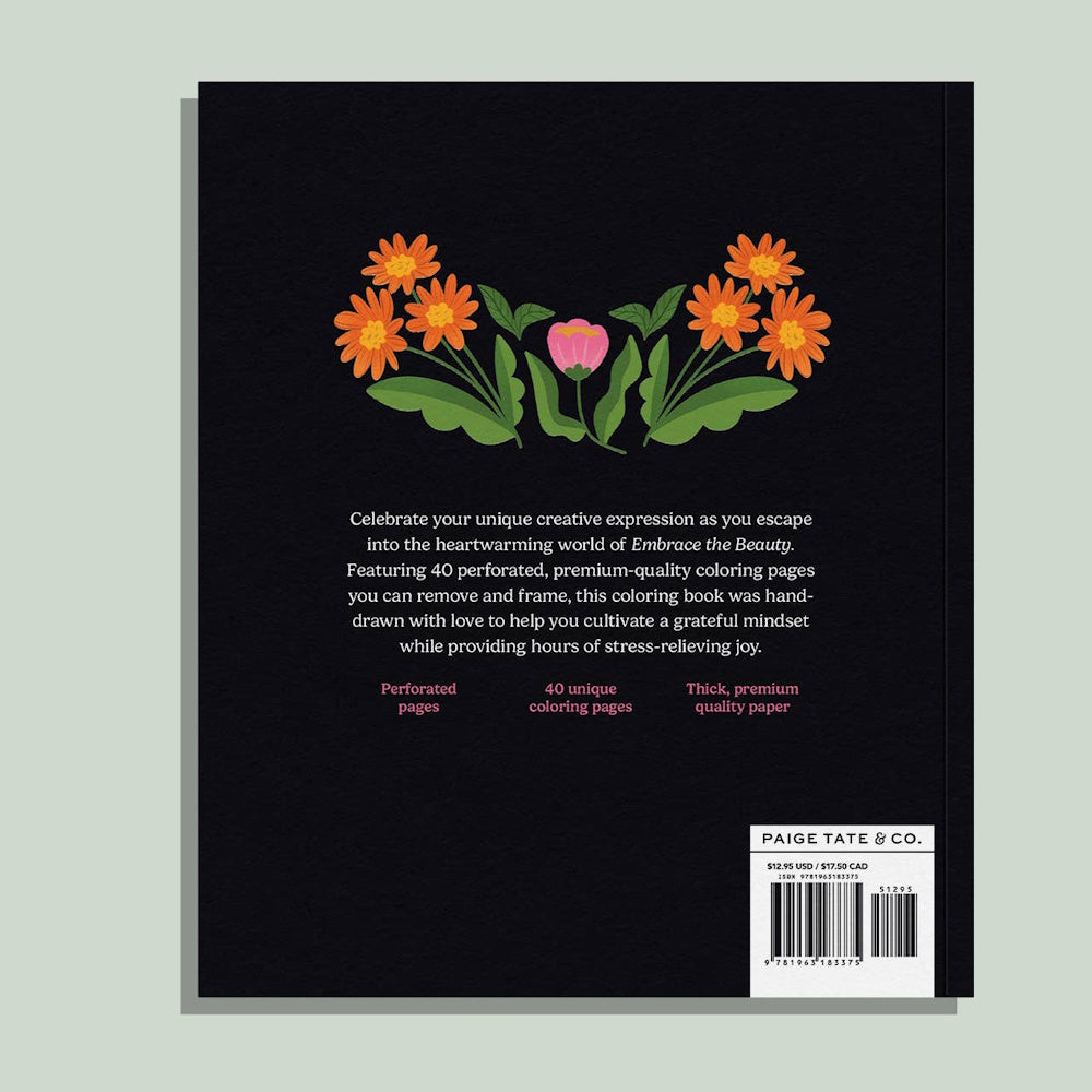 Back cover of Embrace the Beauty coloring book featuring floral illustrations, product details, and a barcode.