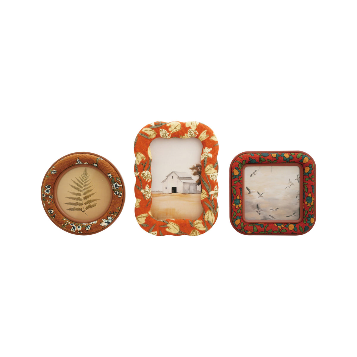 Three small patterned frames containing a fern, a house sketch, and flying birds on a white background.