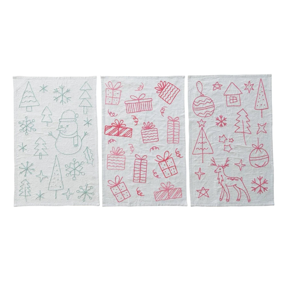 Embroidered Woven Cotton & Linen Tea Towel