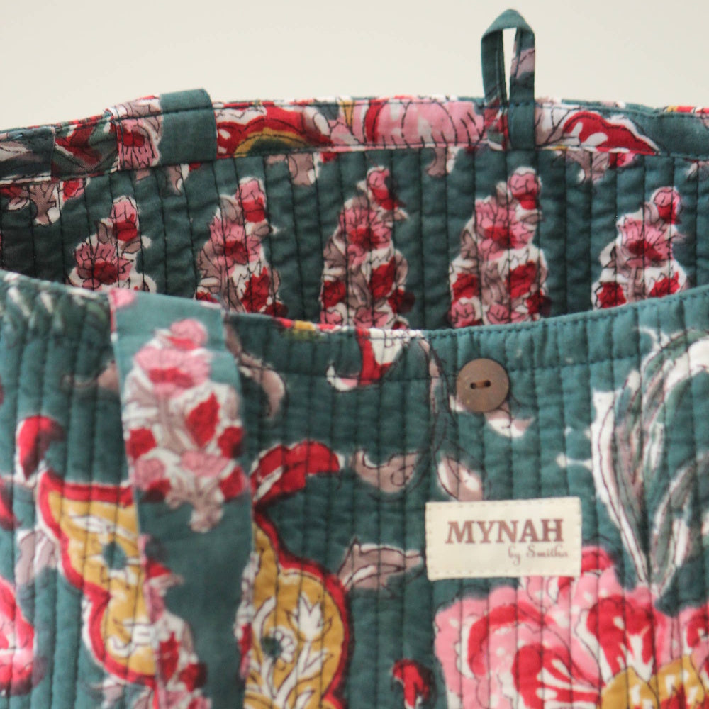 Emerald Forest floral print quilted reversible tote bag by MYNAH with button detail and green fabric handles.