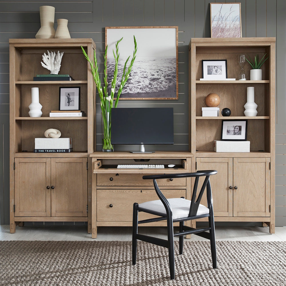 Light oak home office bookcase set with desk, open shelves, cabinet storage and modern workspace styling.
