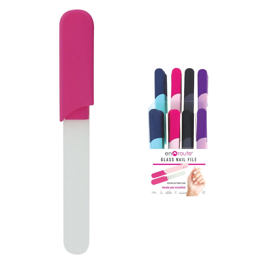 En Route glass nail file with a pink no-slip travel case, shown alongside a retail display of various colorful cases.