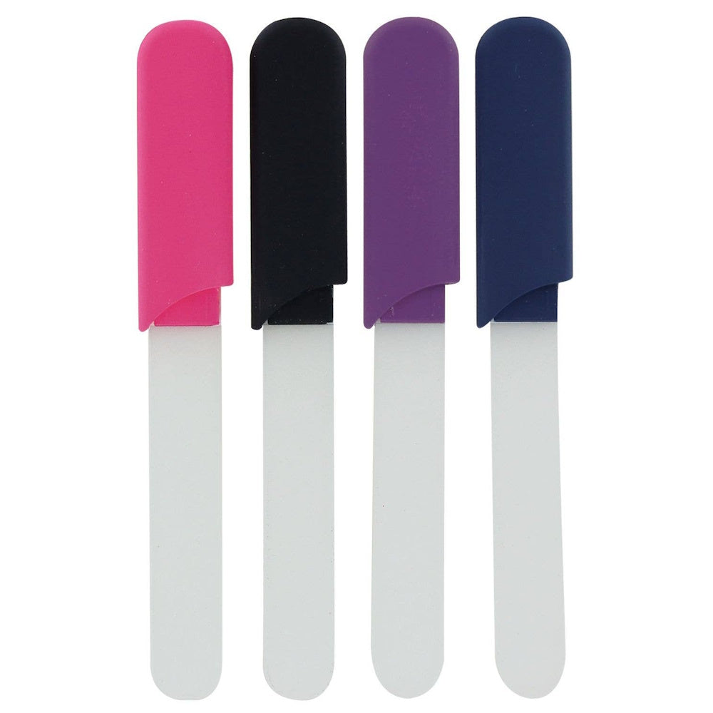 Four En Route glass nail files with protective sleeves in pink, black, purple, and navy blue on a white background.