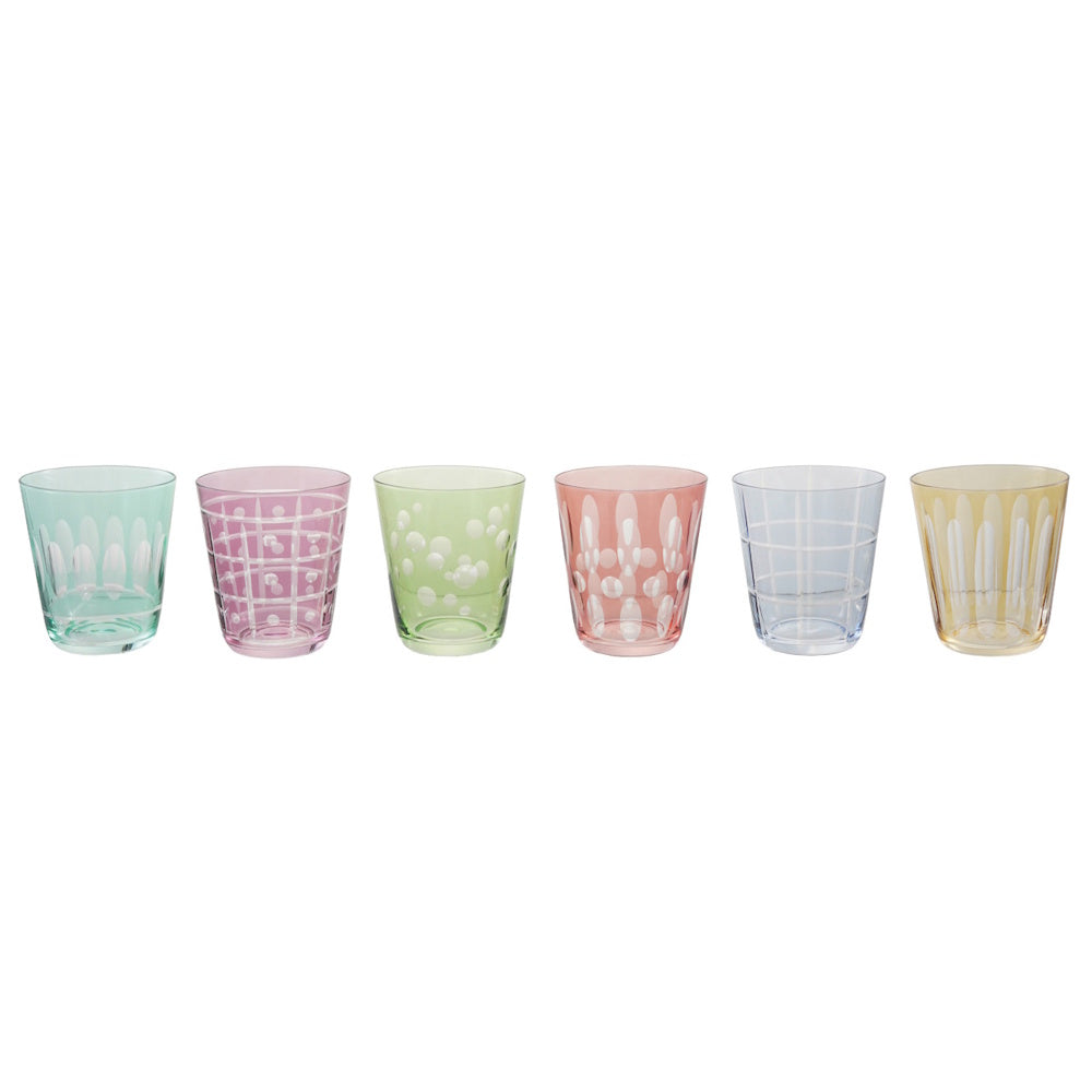 Set of six colorful pastel drinking glasses with unique etched patterns on white background
