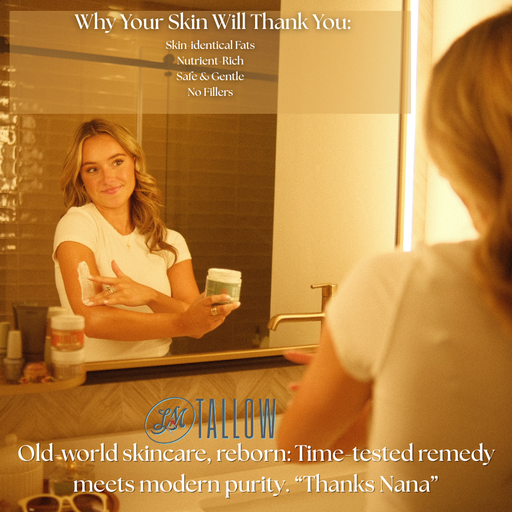 Woman applying cream to her arm in front of a mirror, with promotional text for tallow skincare.