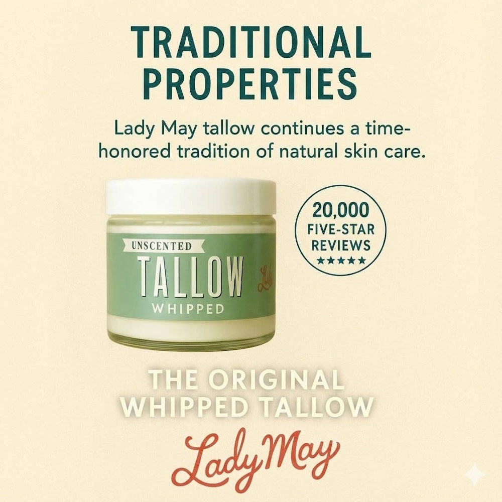 Lady May unscented whipped tallow jar with promotional text highlighting 20,000 five-star reviews.