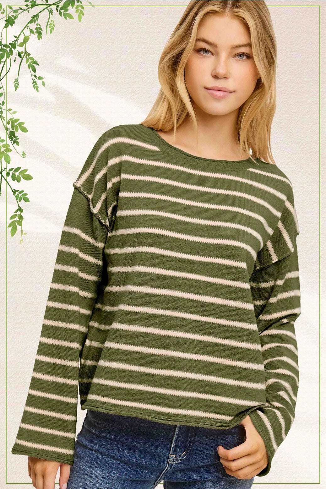 Striped Round Neck Loose Fit Long Sleeve Sweater — alternate view 2