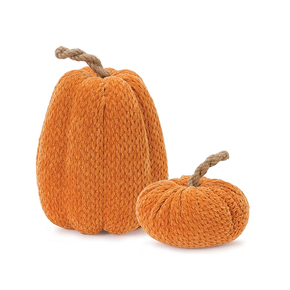 Two orange textured fabric pumpkins, one tall and one short, with twisted rope stems.