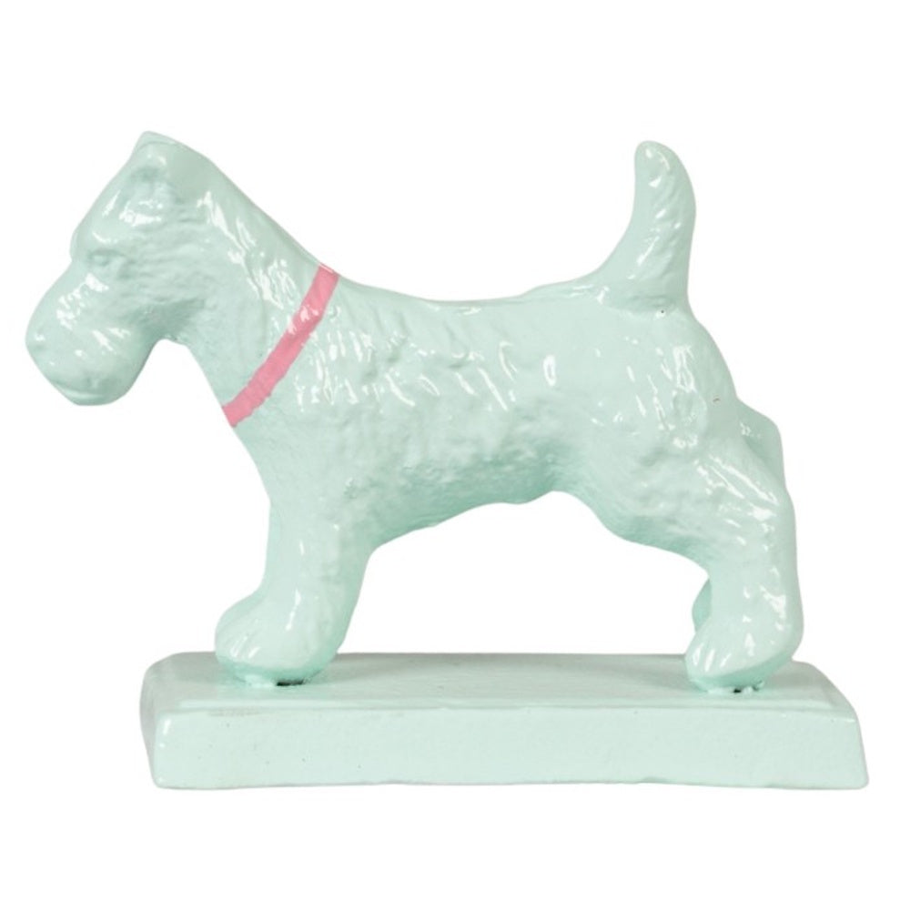 Mint green metal dog bookend facing left, wearing a pink collar, standing on a rectangular base.