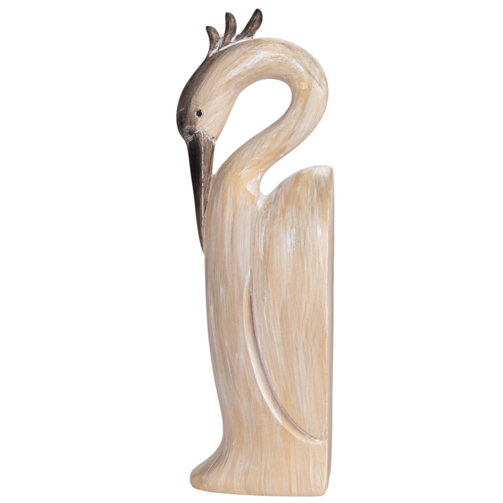 Facing-left light wood resin heron bookend with a curved neck and dark beak on a white background.