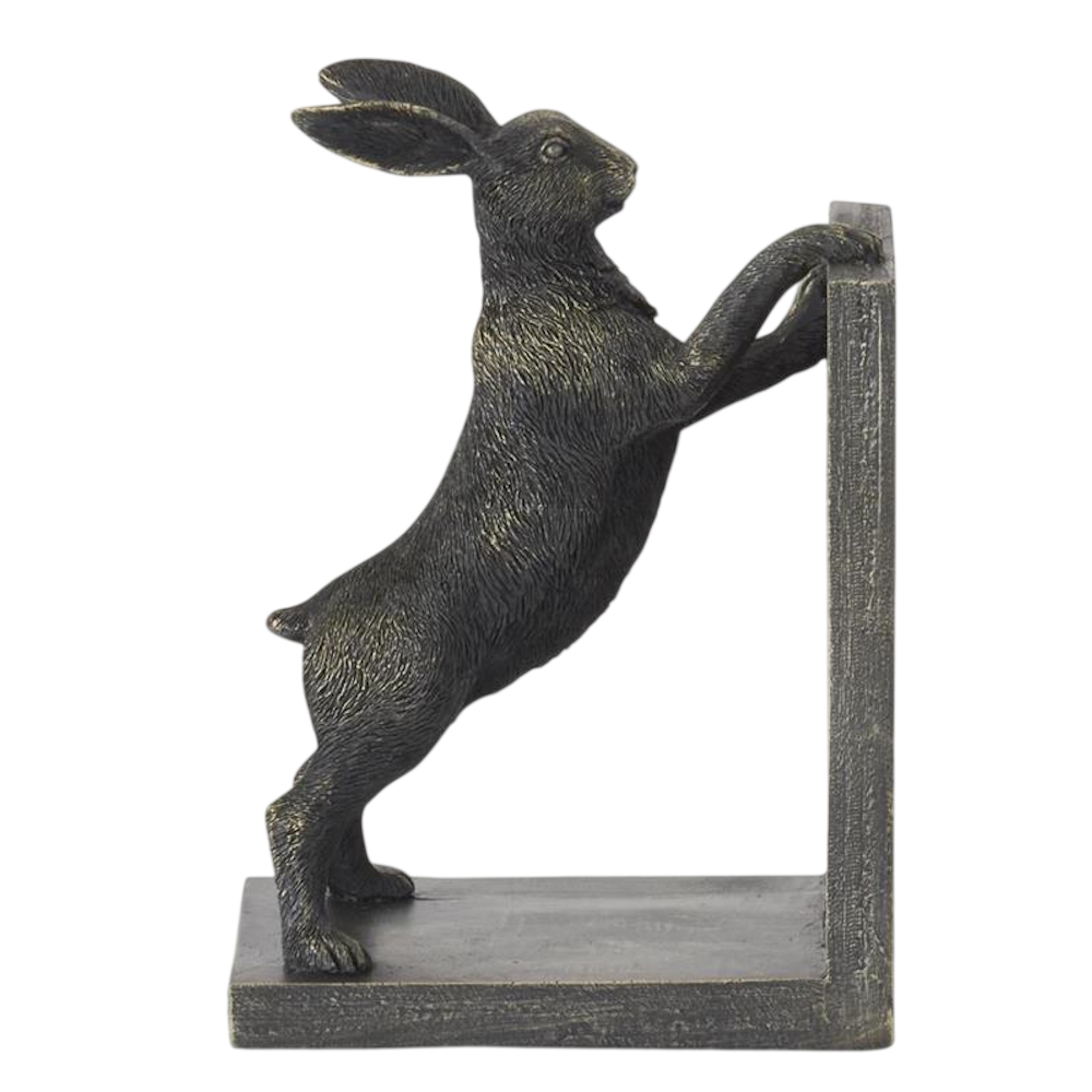 Bronze-colored rabbit bookend showing a detailed hare standing on its hind legs and pushing against a wall.