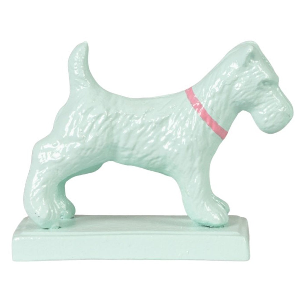 Mint-green cast iron bookend shaped like a Scottish Terrier dog facing right, wearing a pink collar.
