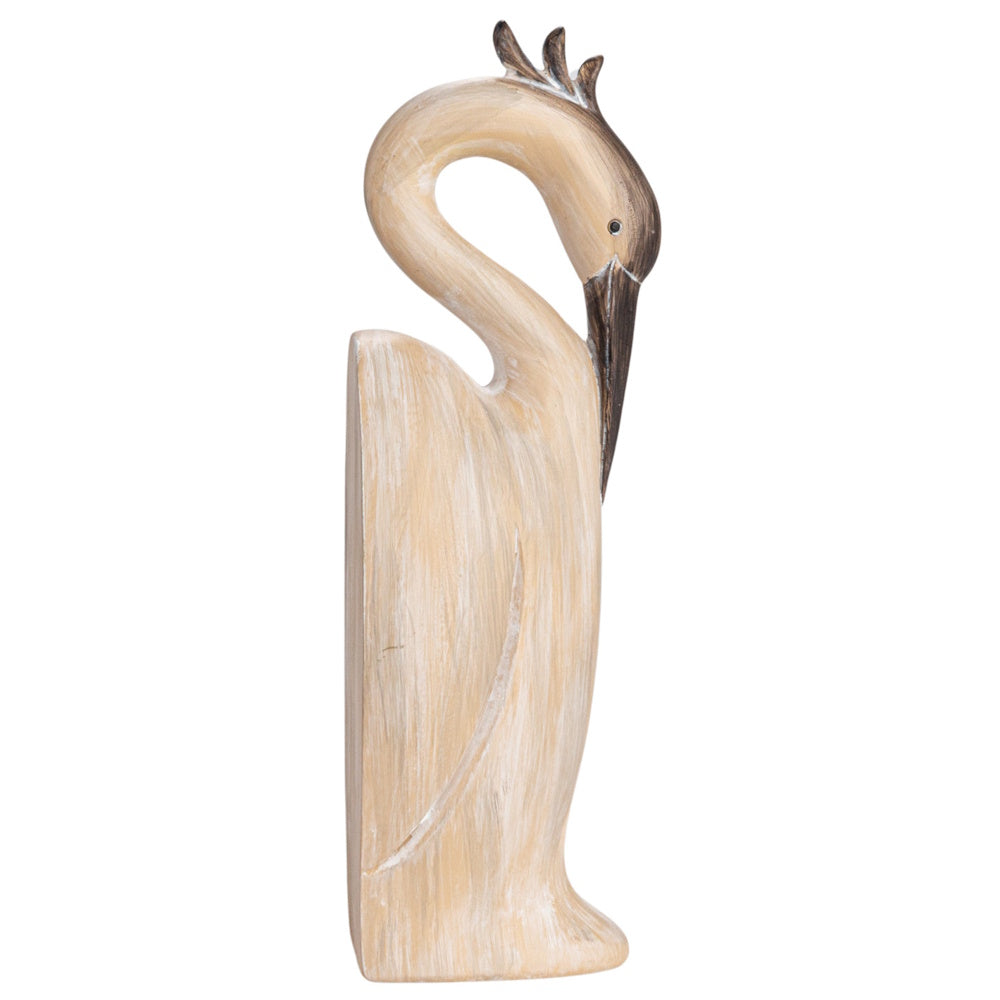 Light beige resin heron-shaped bookend facing right with a textured, carved wood look.