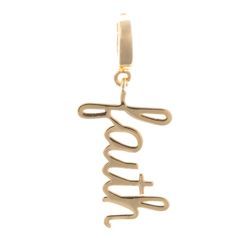 Gold pendant charm spelling "Faith" in cursive script with a cross "t" on a white background.