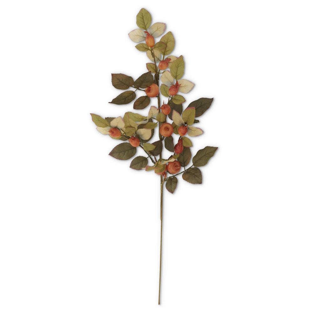 Artificial faux botanical stem featuring green leaves and small orange berries against a white background.