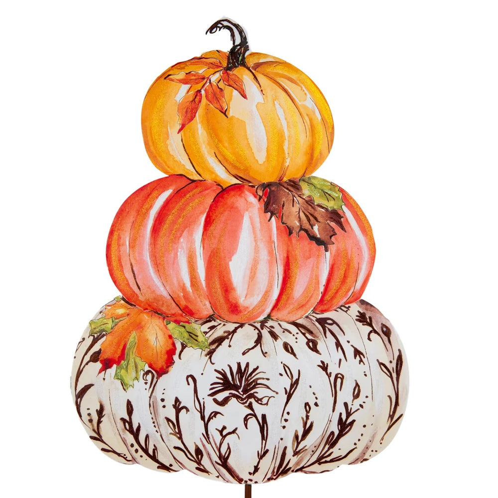 Watercolor illustration of stacked pumpkins: yellow on top, orange in the middle, and white with brown vine patterns on the bottom.