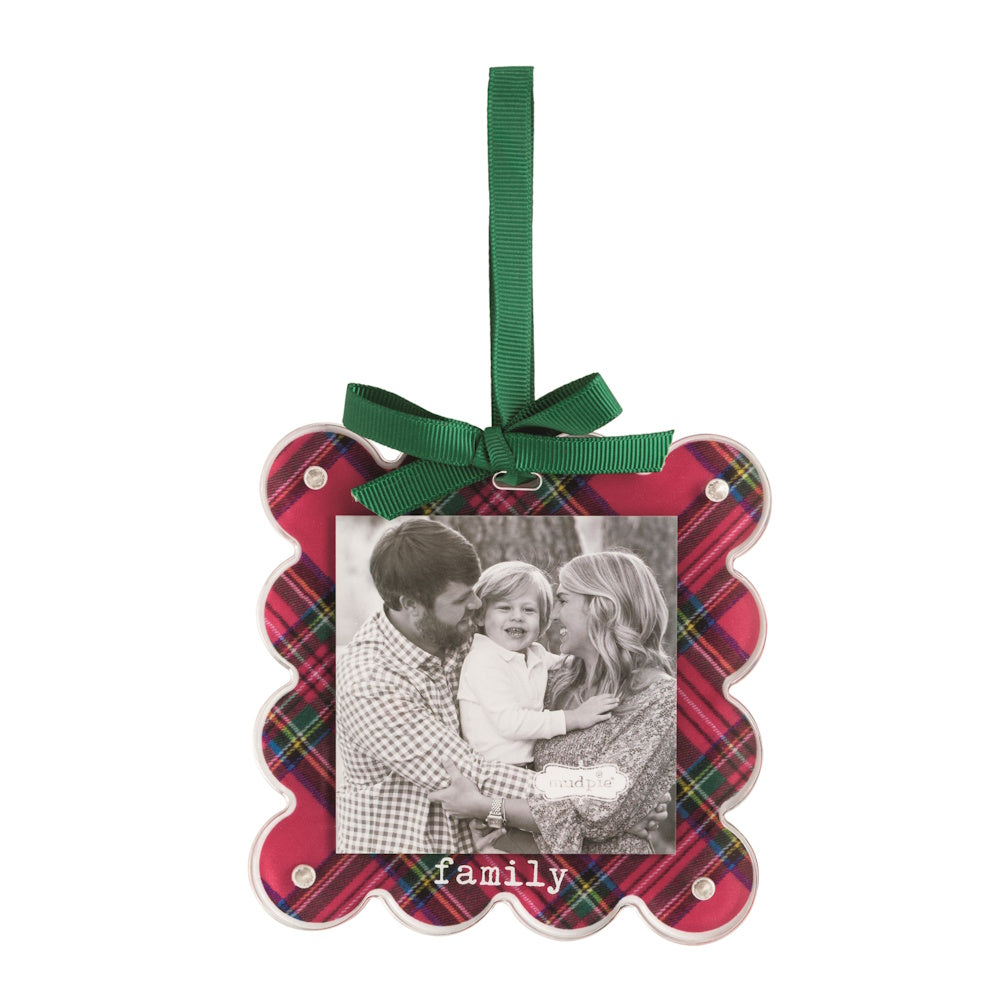 Family tartan photo ornament with a green ribbon and "family" text.