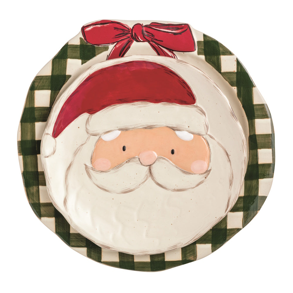 Santa platter set with a buffalo check rim and a Santa face plate.
