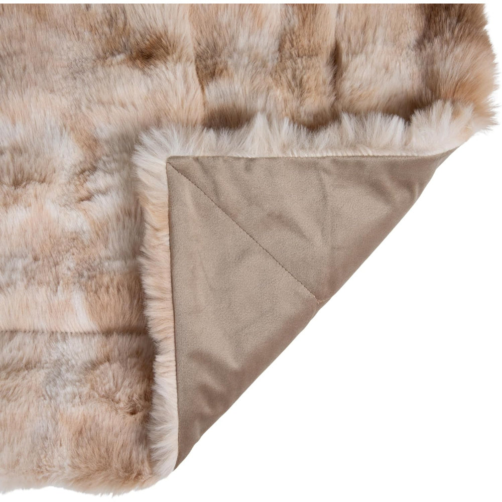 Brown and tan faux fur throw blanket with acid wash effect and smooth beige velvet reverse side.