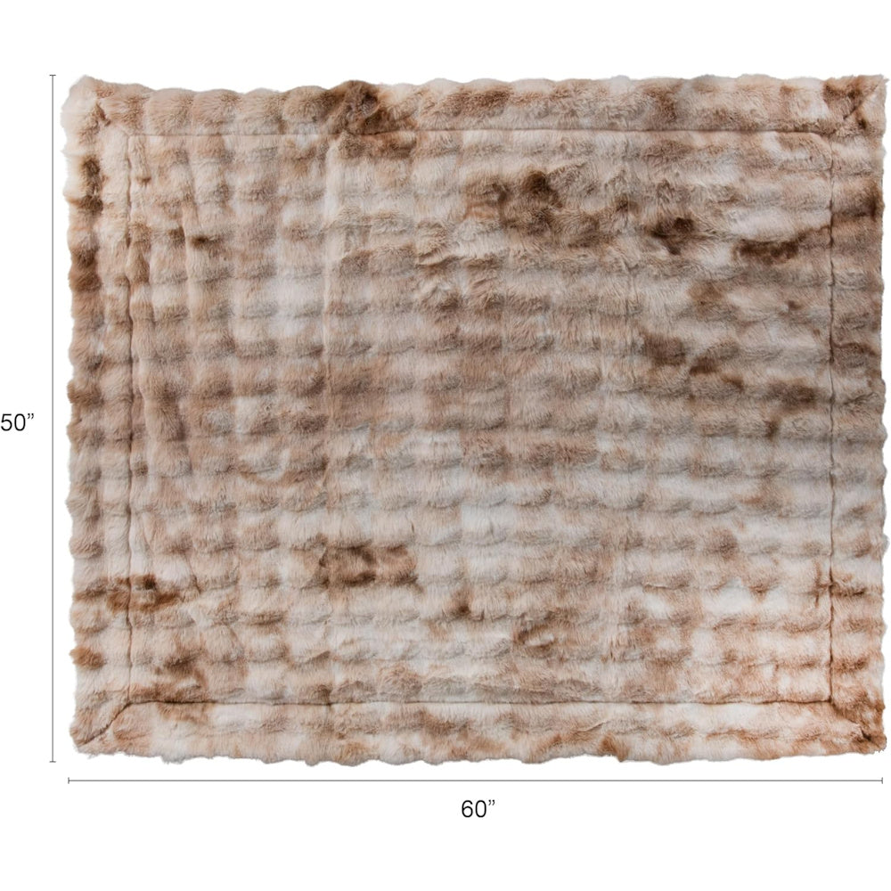 Brown and white acid wash faux fur throw blanket with a velvet back, measuring 50 by 60 inches.