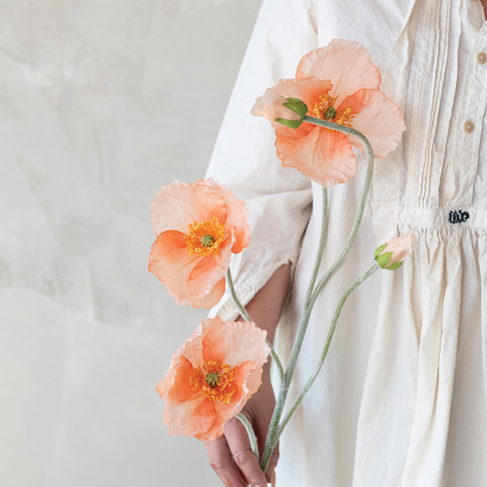 A person in a white dress holding a stem of peach-colored poppy flowers.