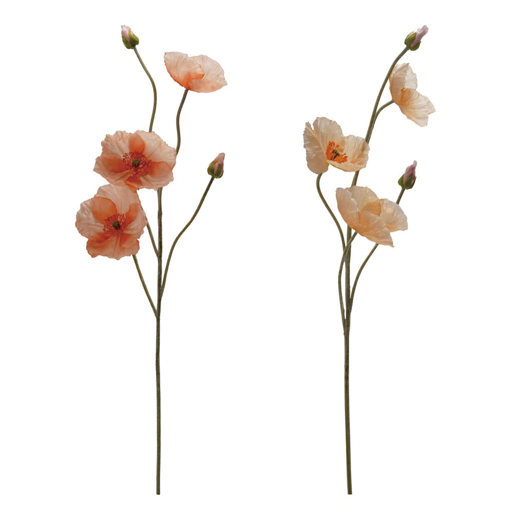 Two delicate peach and light orange faux poppy flower stems with blooms and buds on a white background.